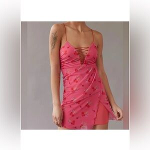 Urban Outfitters Bright Side Lace-Up pink floral cherry Mini Dress sz M nwt